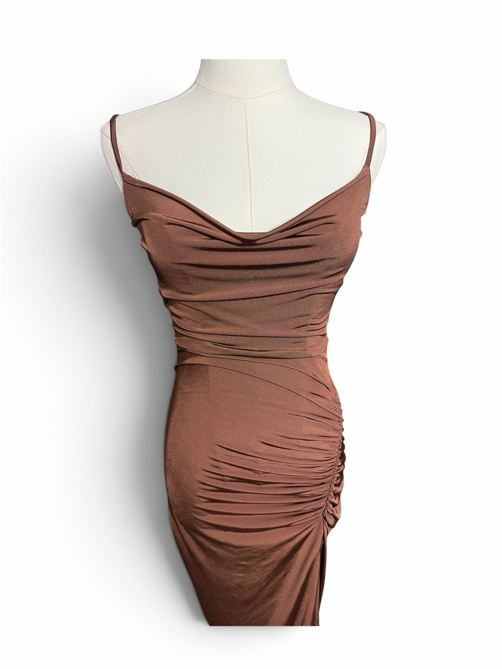 Windsor Brown Ruched Cowl Neck Midi Dress Size Small S